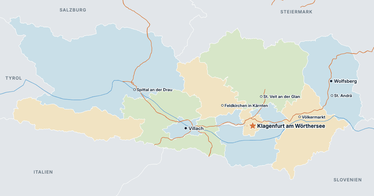 Kort over Kärnten med de største byer