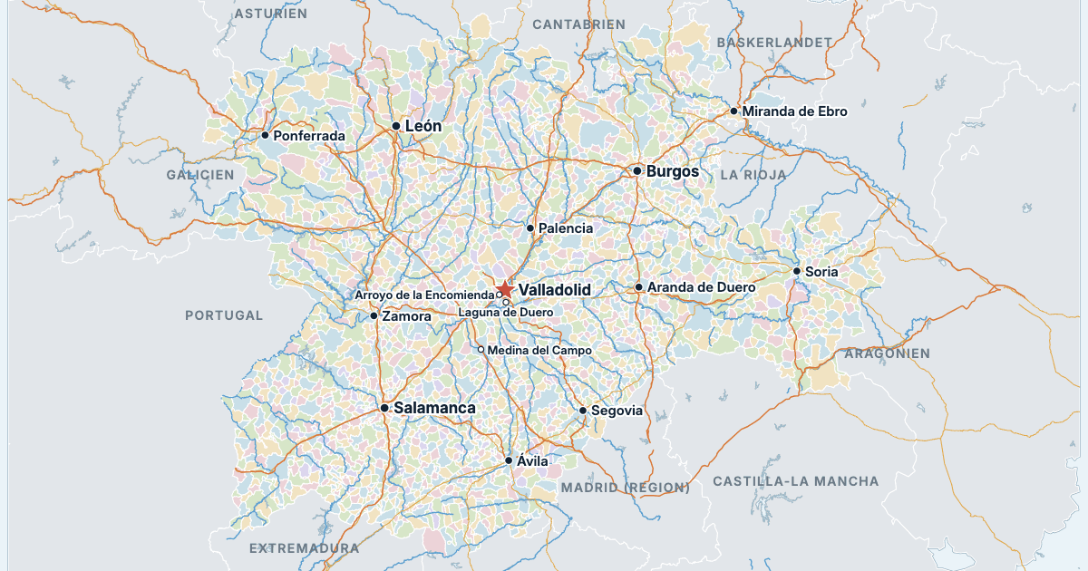 Kort over Castilla y León med de største byer