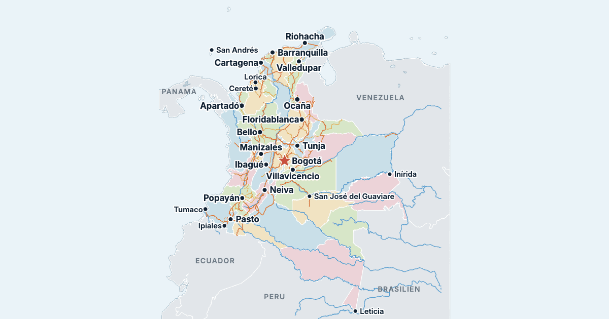 Kort over Colombia med de største byer