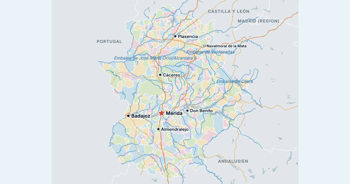Kort over Extremadura med de største byer