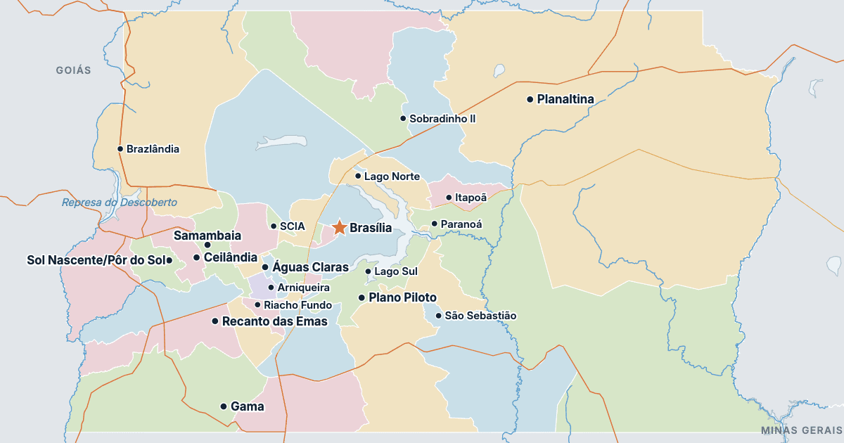 Kort over Distrito Federal (Brasilien) med de største byer