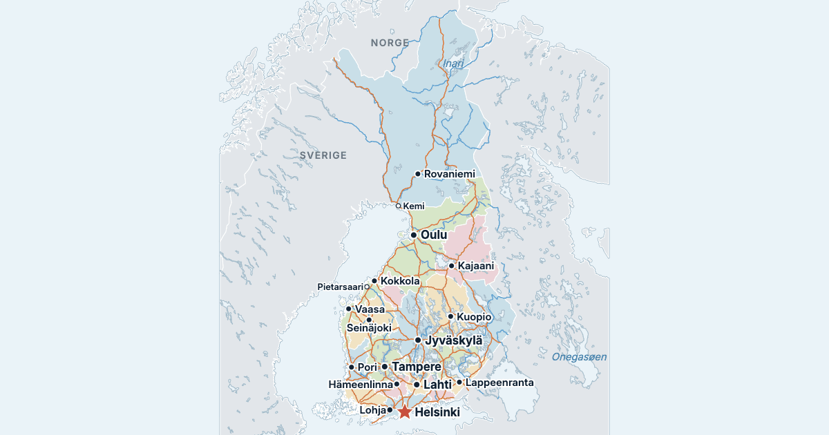 Kort over Finland med de største byer