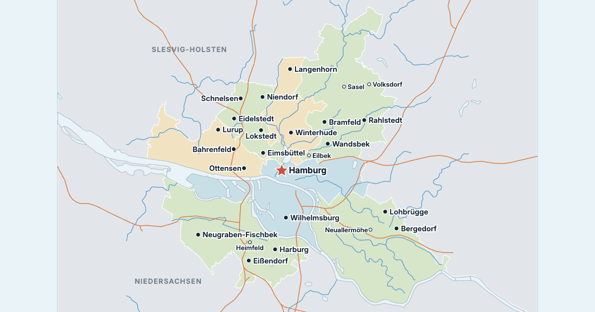 Kort over Hamburg med de største byer
