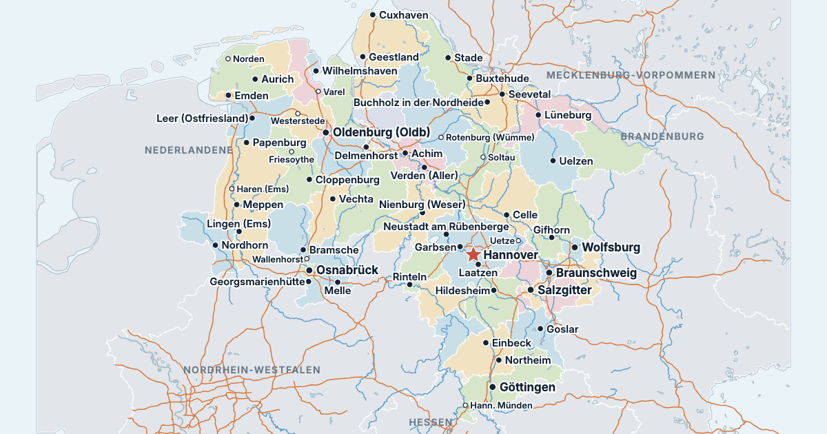 Kort over Niedersachsen med de største byer