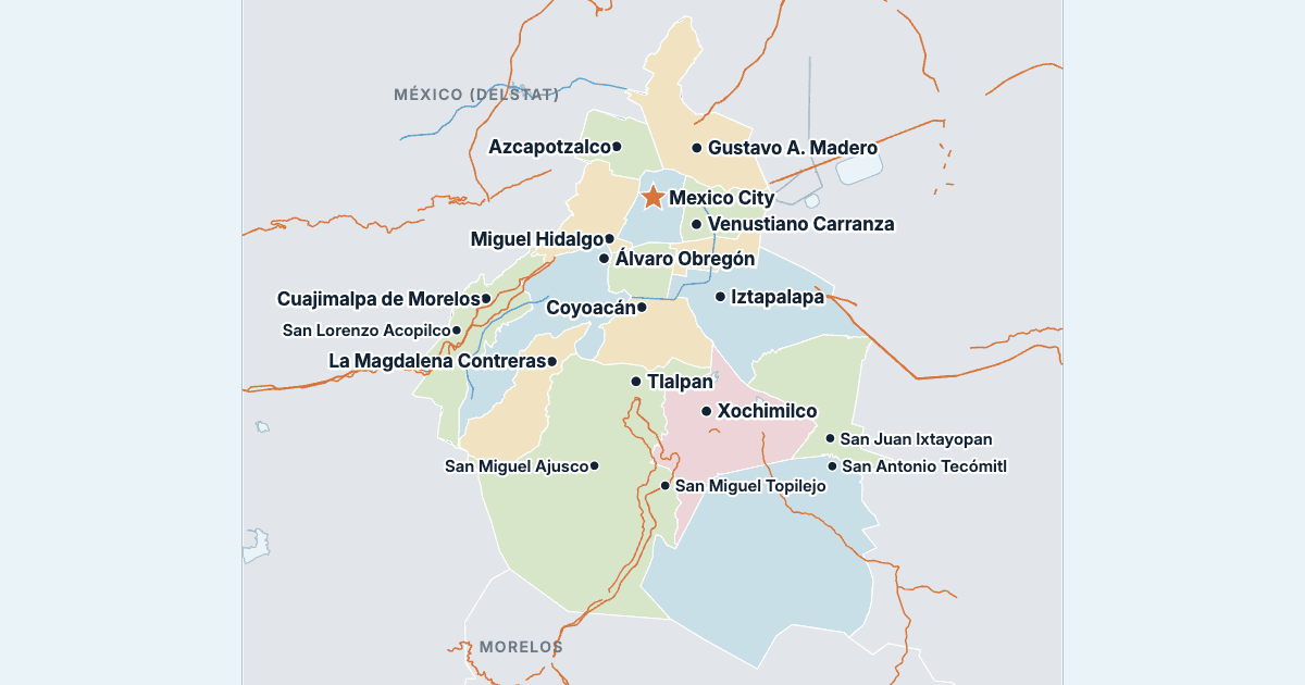 Kort over Mexico City med de største byer