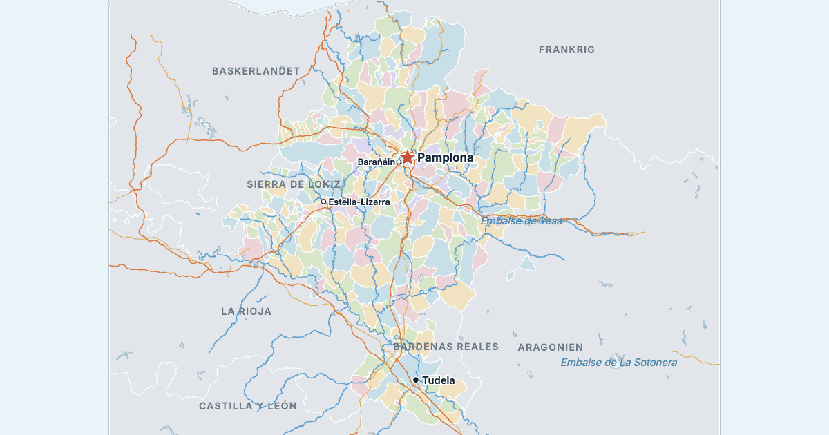 Kort over Navarra med de største byer