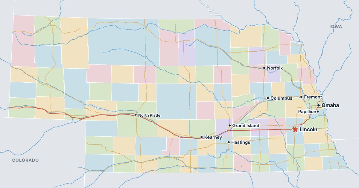 Kort over Nebraska med de største byer