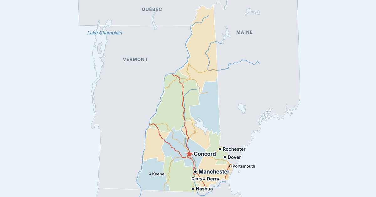 Kort over New Hampshire med de største byer