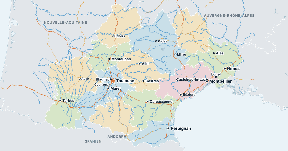 Kort over Occitanie med de største byer