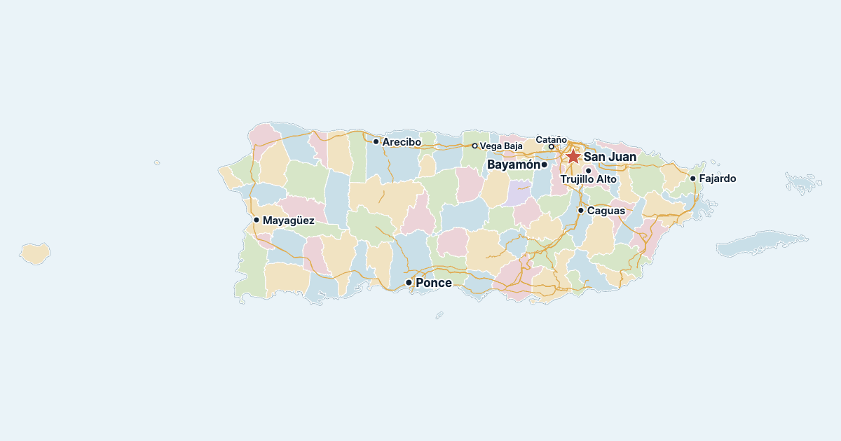 Kort over Puerto Rico med de største byer
