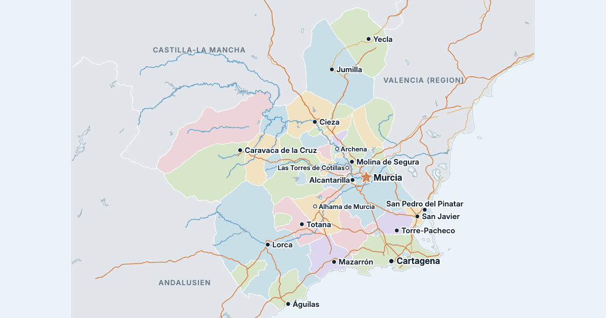 Kort over regionen Murcia med de største byer