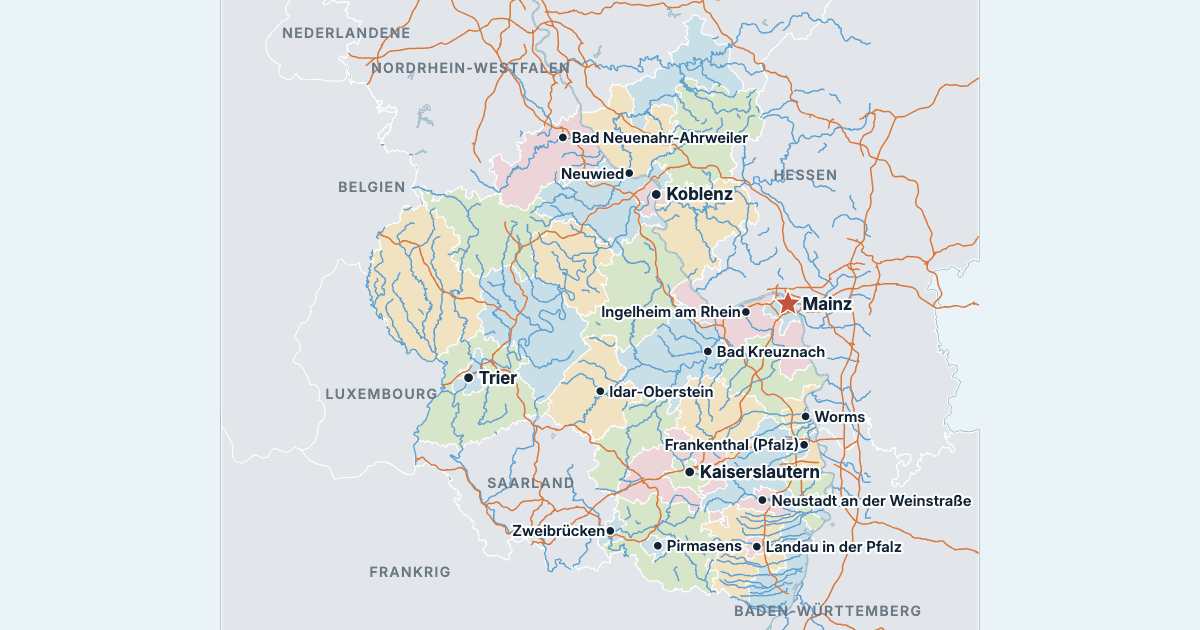 Kort over Rheinland-Pfalz med de største byer
