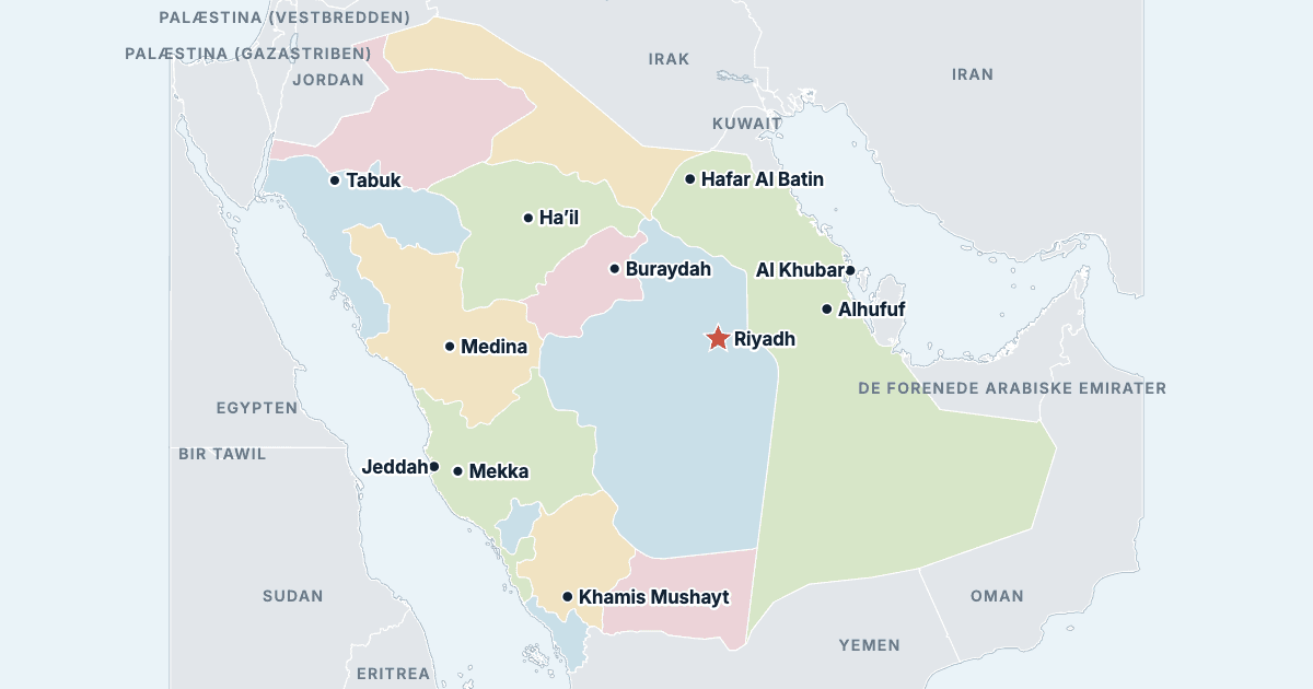 Kort over Saudi-Arabien med de største byer