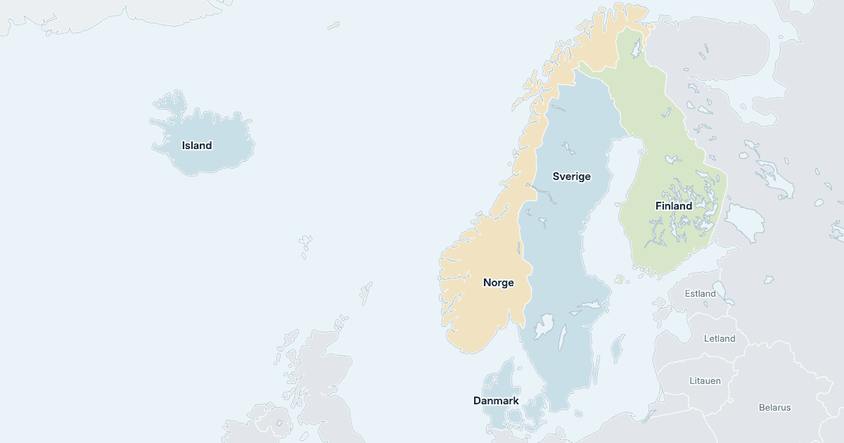 Kort over Skandinavien: alle lande med navn