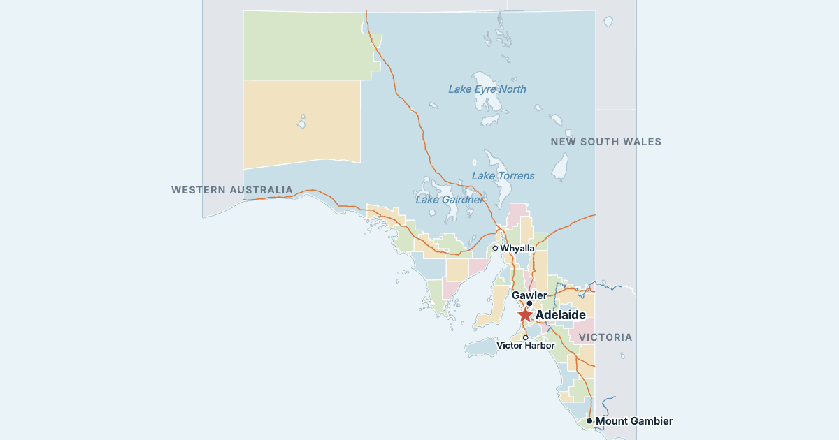 Kort over South Australia med de største byer