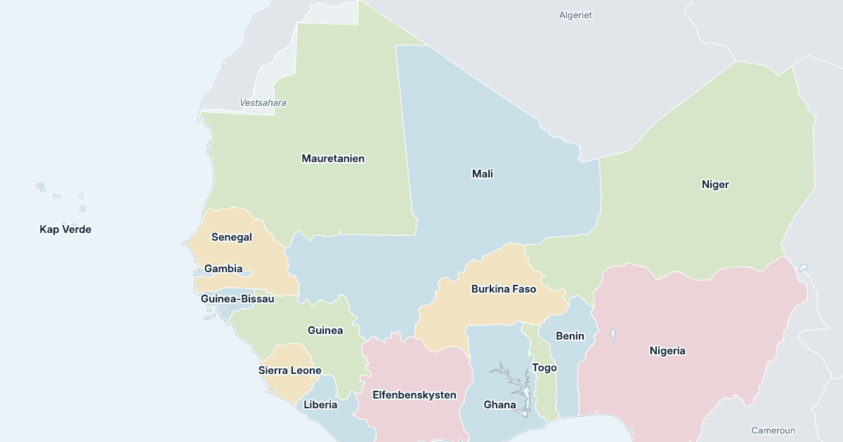 Kort over Vestafrika: alle lande med navn