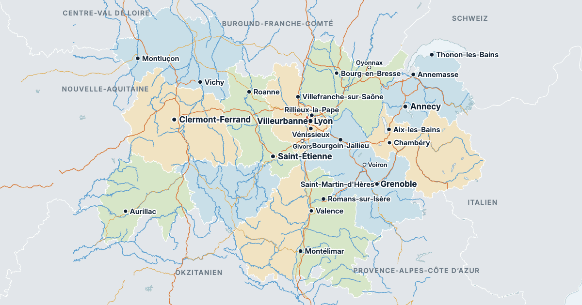 Karte der Auvergne-Rhône-Alpes mit den größten Städten