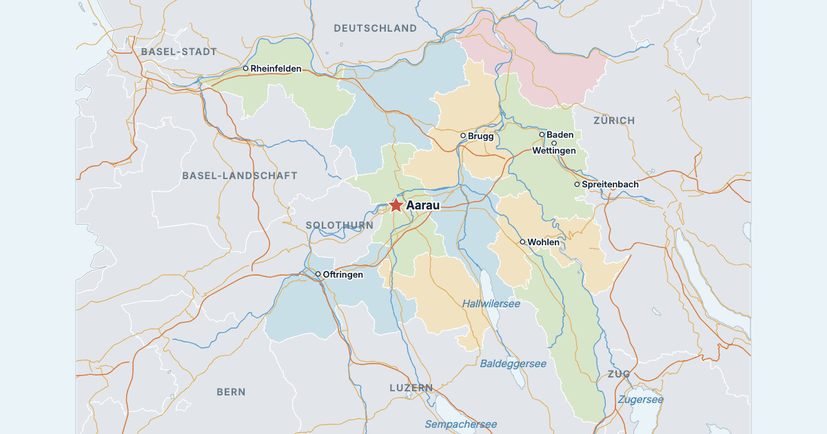 Karte des Kantons Aargau mit den größten Städten