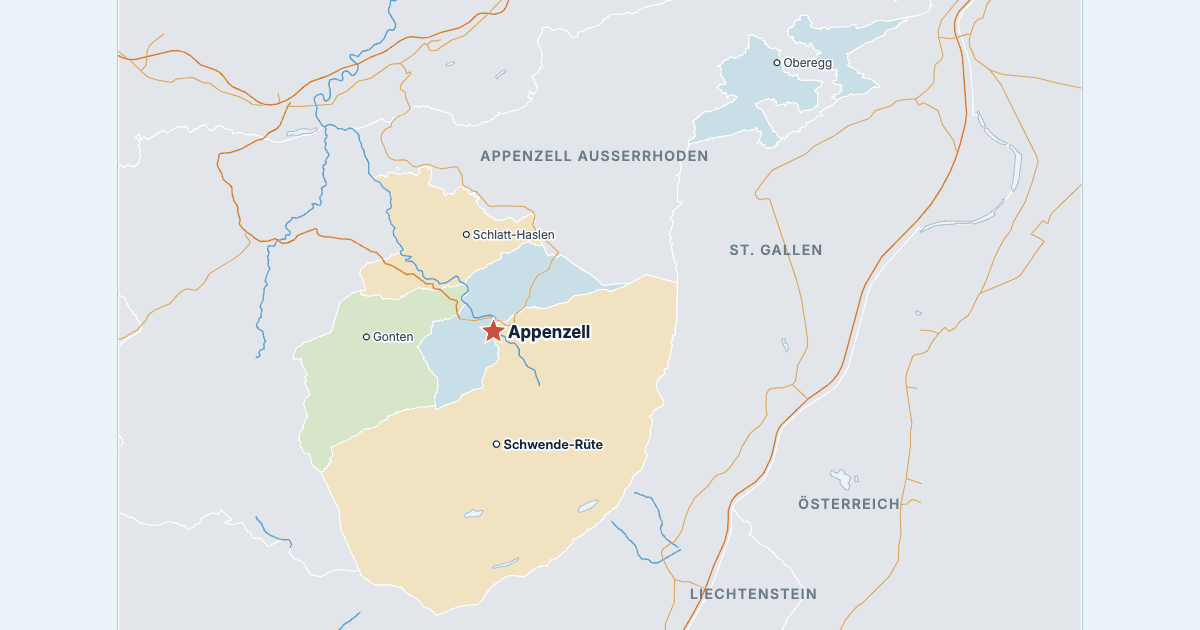 Karte des Kantons Appenzell Innerrhoden mit den größten Städten