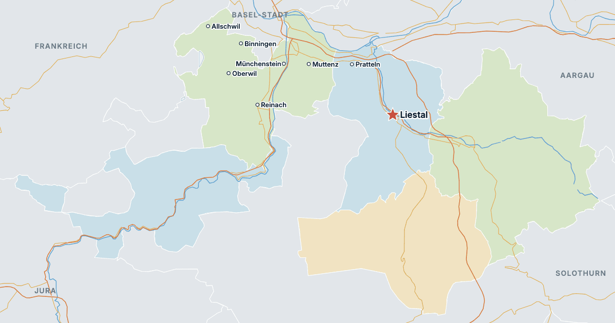 Karte des Kantons Basel-Landschaft mit den größten Städten