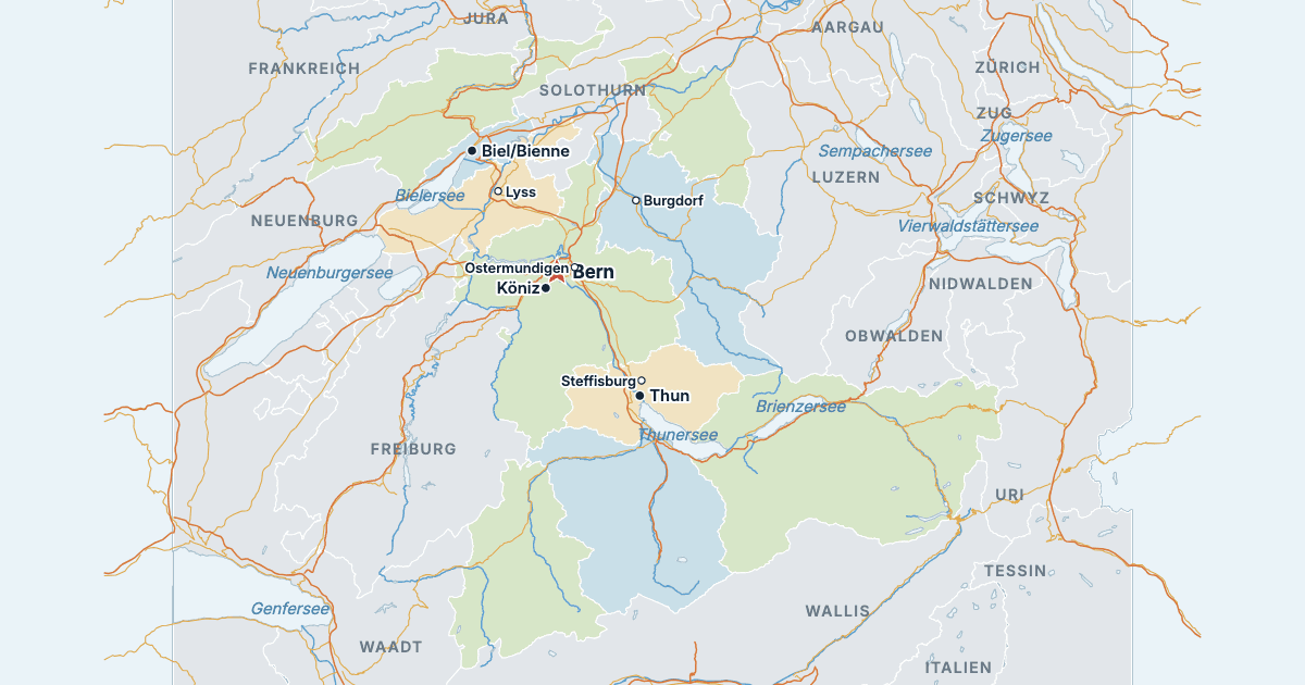 Karte des Kantons Bern mit den größten Städten