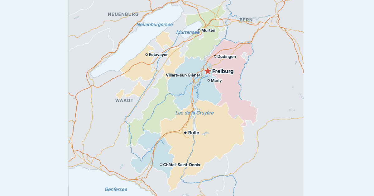 Karte des Kantons Freiburg mit den größten Städten