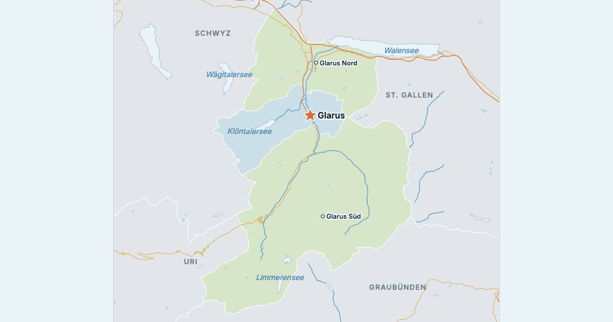 Karte des Kantons Glarus mit den größten Städten