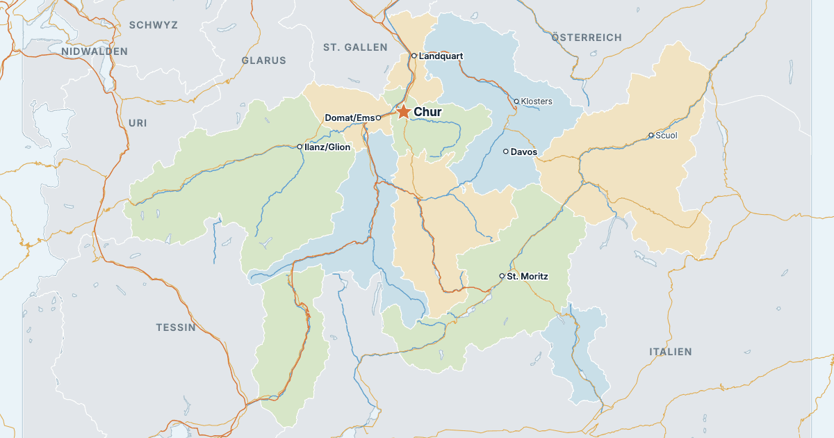 Karte des Kantons Graubünden mit den größten Städten