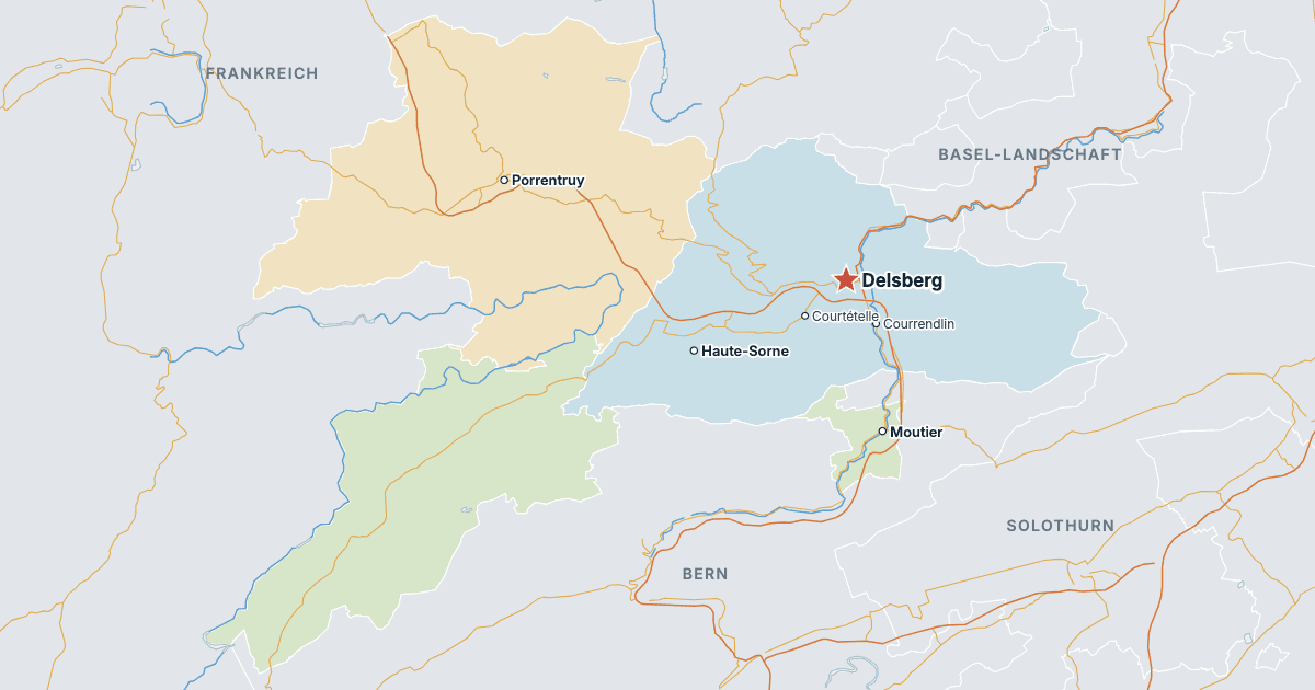 Karte des Kantons Jura mit den größten Städten