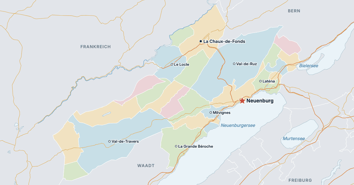 Karte des Kantons Neuenburg mit den größten Städten