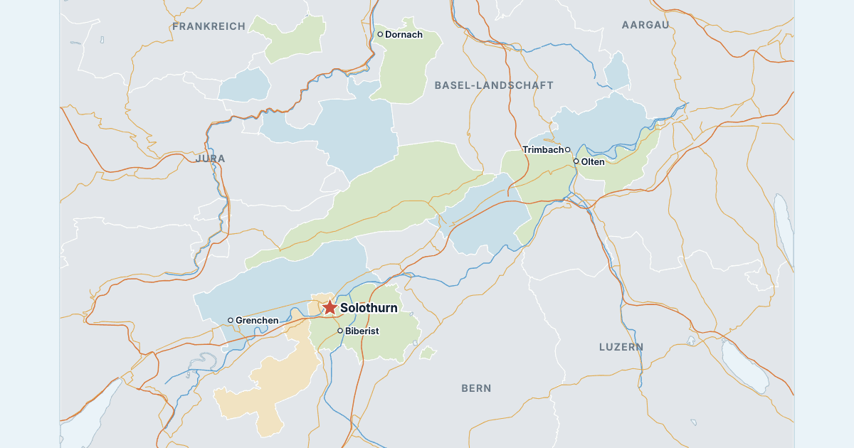 Karte des Kantons Solothurn mit den größten Städten
