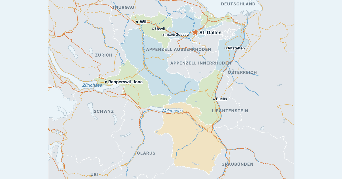 Karte des Kantons St. Gallen mit den größten Städten