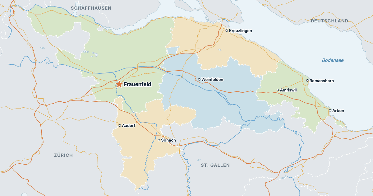 Karte des Kantons Thurgau mit den größten Städten