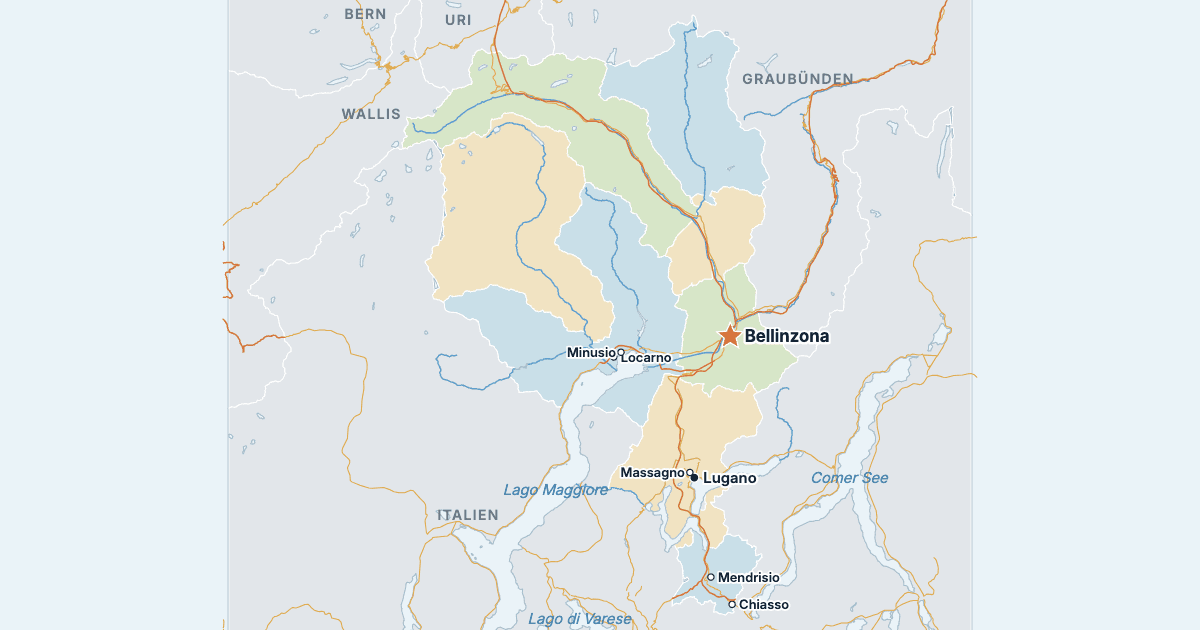 Karte des Kantons Tessin mit den größten Städten