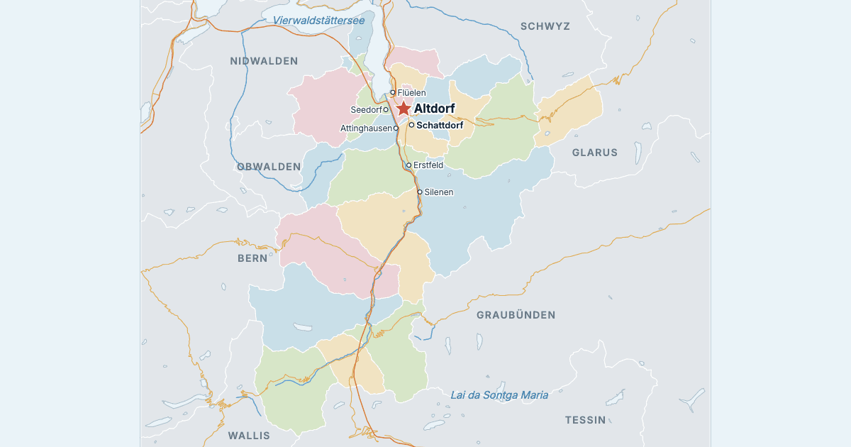 Karte des Kantons Uri mit den größten Städten
