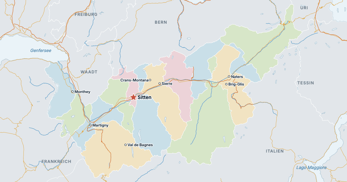 Karte des Kantons Wallis mit den größten Städten