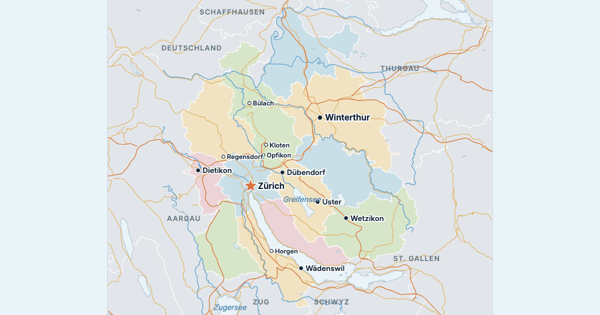 Karte des Kantons Zürich mit den größten Städten