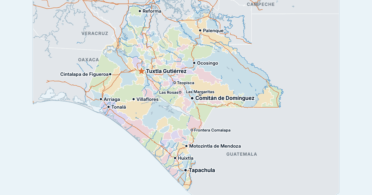 Karte von Chiapas mit den größten Städten