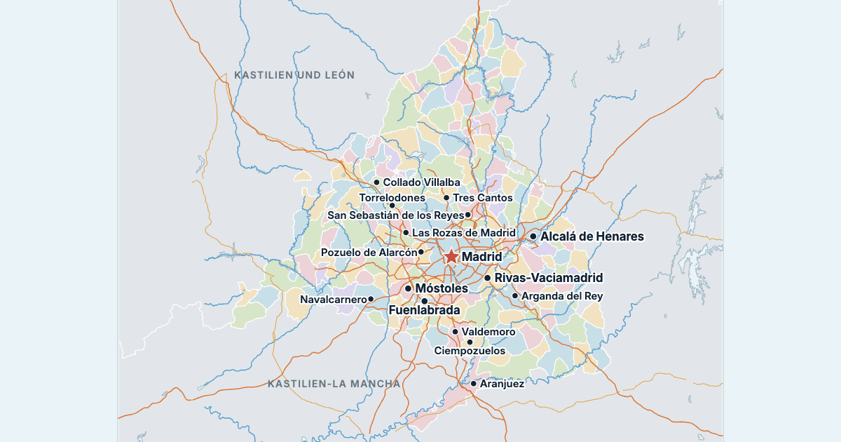 Karte der Autonomen Gemeinschaft Madrid mit den größten Städten