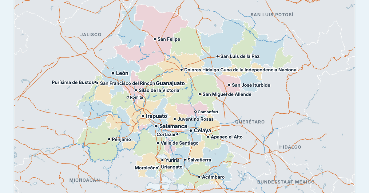 Karte von Guanajuato mit den größten Städten