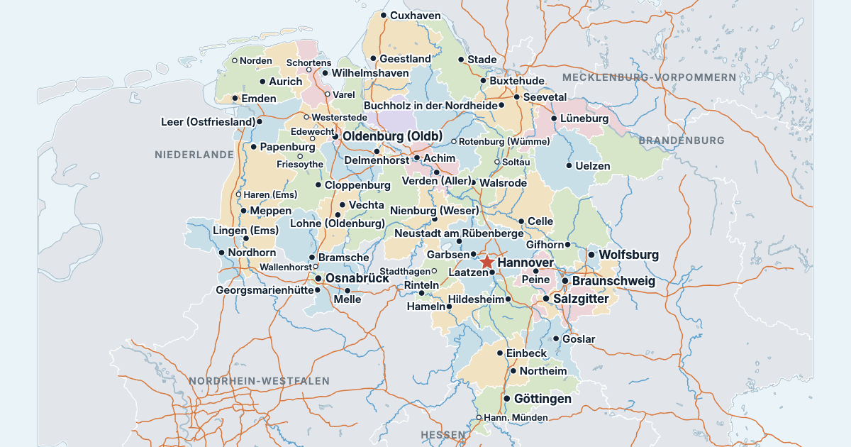Karte von Niedersachsen mit den größten Städten