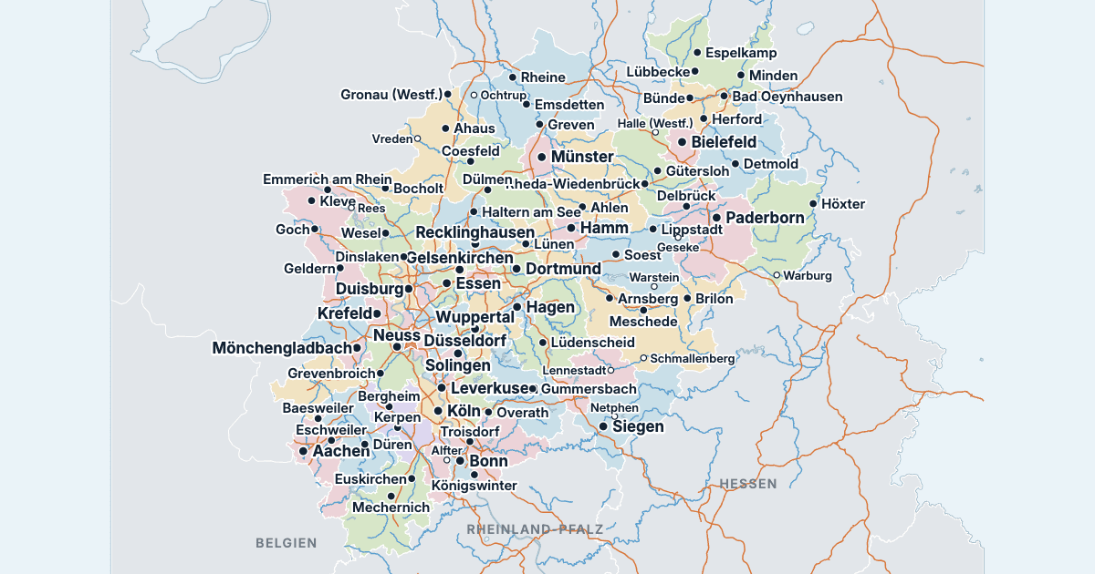 Karte von Nordrhein-Westfalen mit den größten Städten