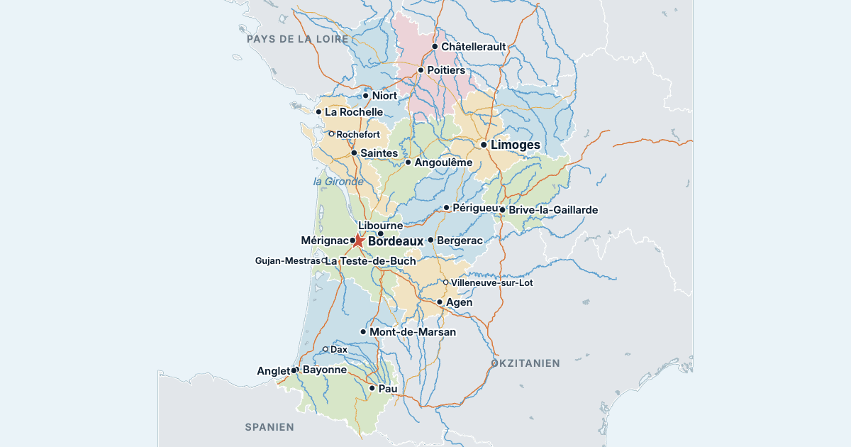 Karte von Nouvelle-Aquitaine mit den größten Städten