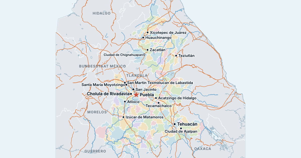Karte von Puebla mit den größten Städten