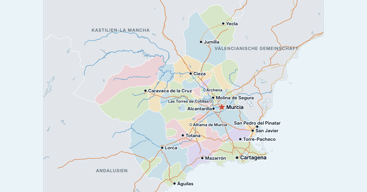 Karte der Region Murcia mit den größten Städten