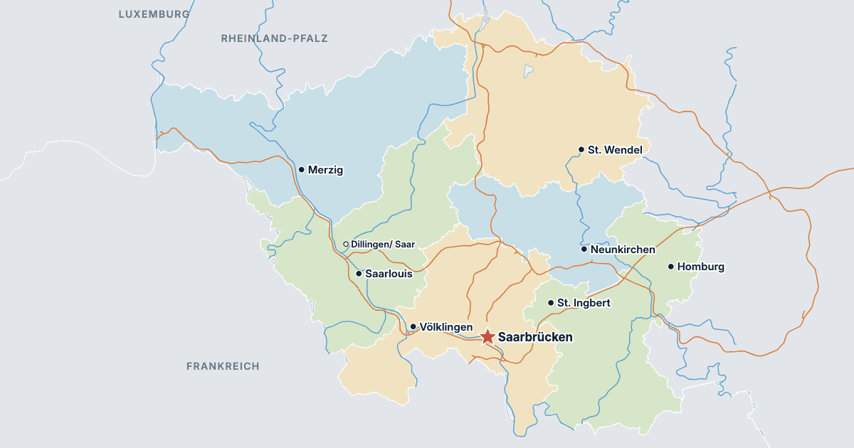 Karte des Saarlandes mit den größten Städten