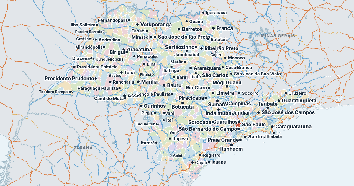Karte des Bundesstaats São Paulo mit den größten Städten
