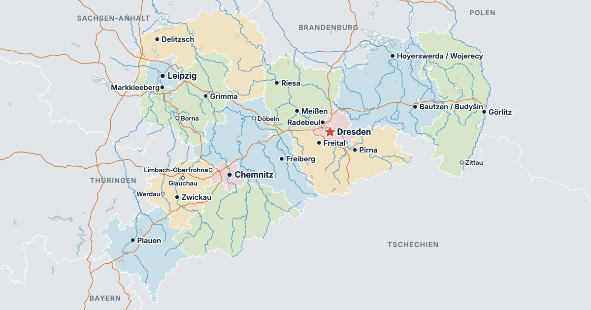 Karte von Sachsen mit den größten Städten