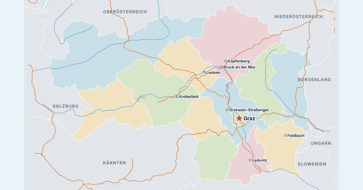 Karte der Steiermark mit den größten Städten