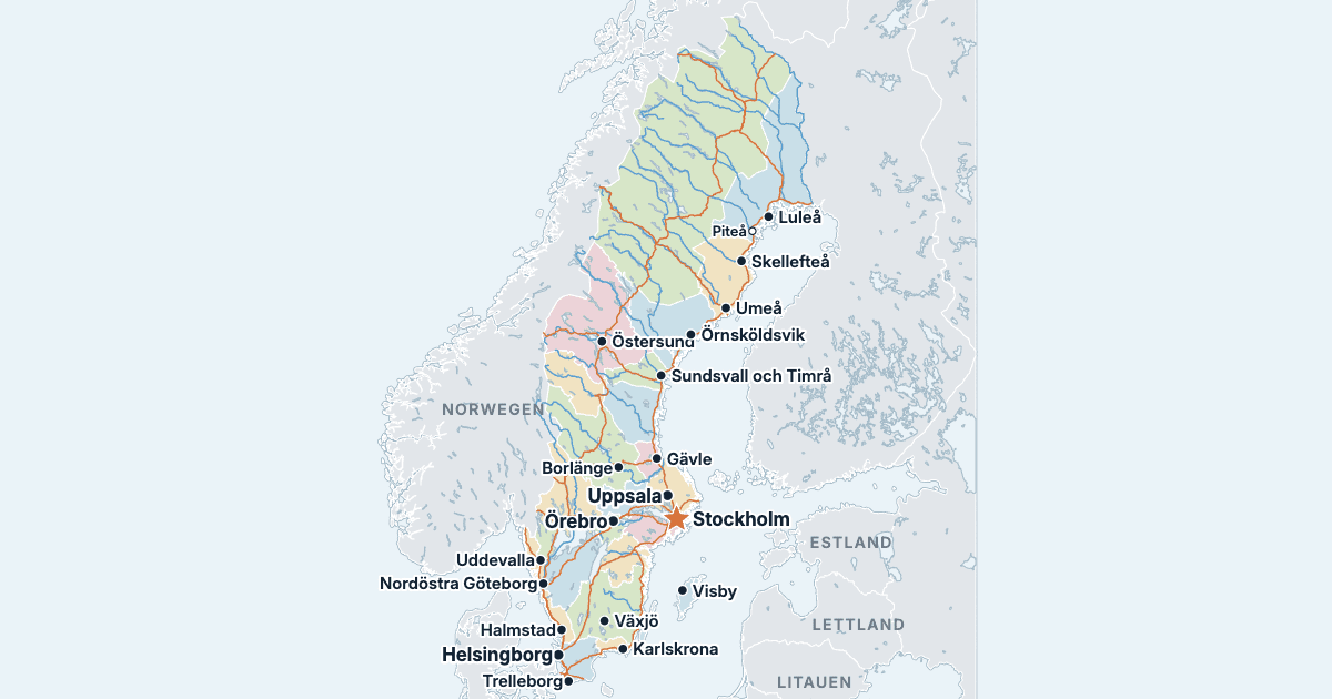 Karte der historischen Provinzen Schwedens mit den größten Städten